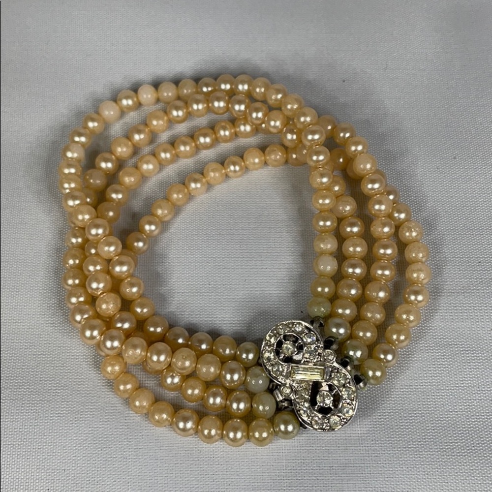Vintage 4 Strand Pearl Bracelet with Diamond Clasp
